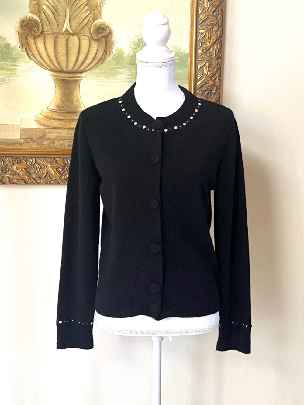 Marc Jacobs Black Beaded Wool Chic Cardigan Sweater Sz M Rhinestone Embellished